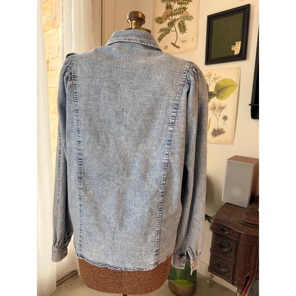 Aaron & Amber Chambray Denim Button Down Shirt Puff Sleeve Lightweight Medium - Picture 2 of 6